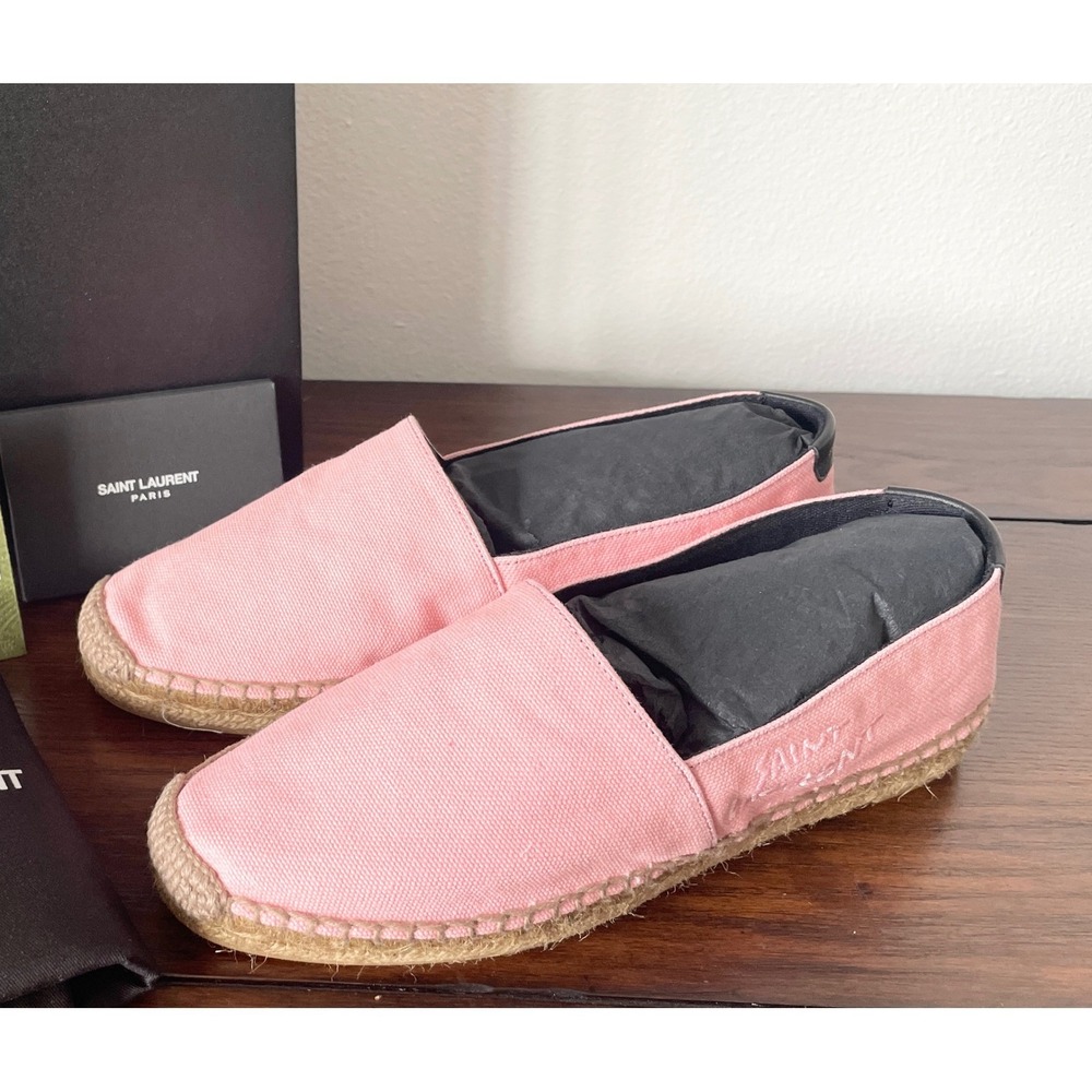 Saint Laurent Women's Pink Canvas Embroidered Flats Loafers Shoes, sz 39